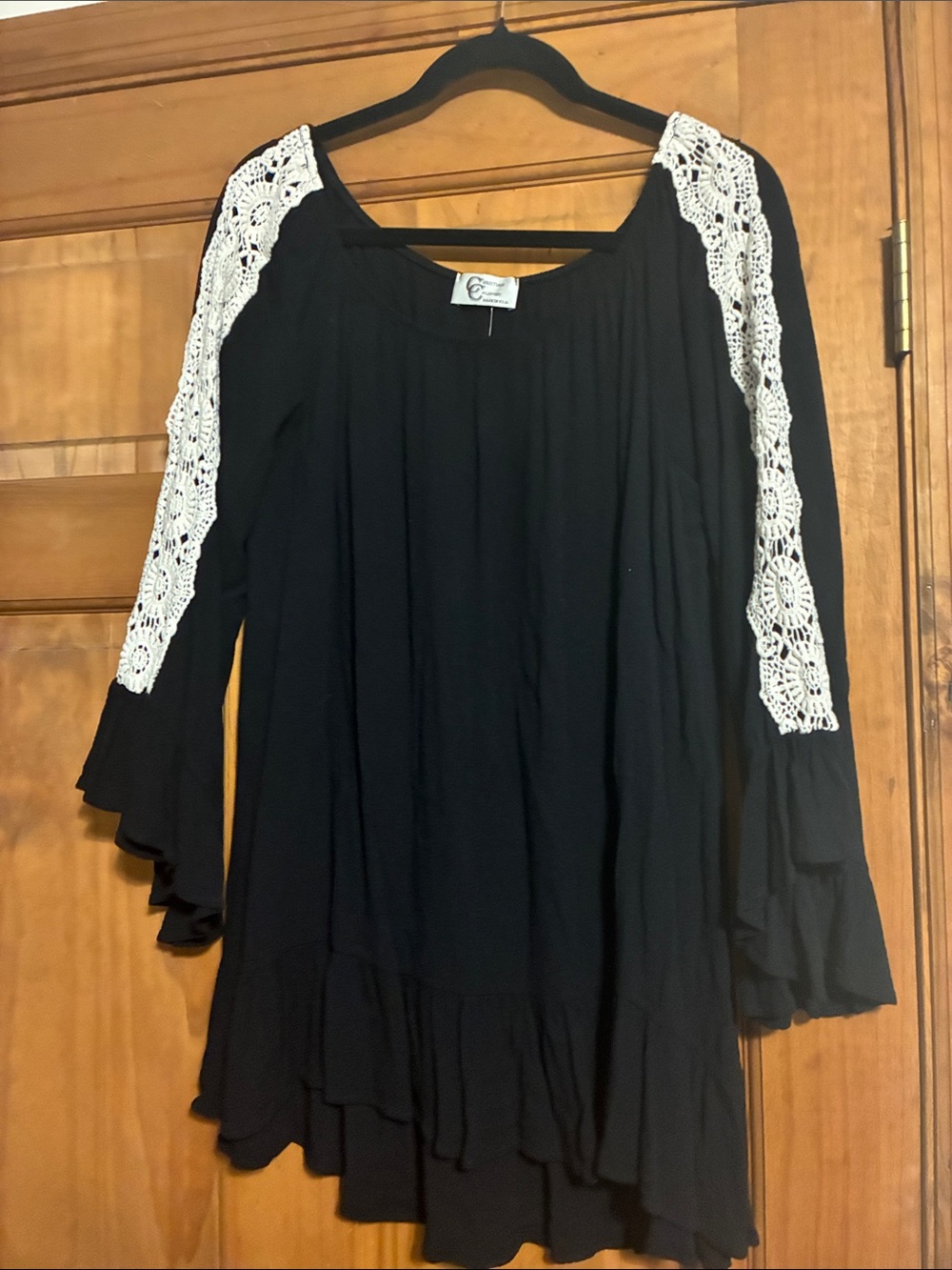 Boho Black Tunic with White Crochet Sleeve Trim - Curious Nature